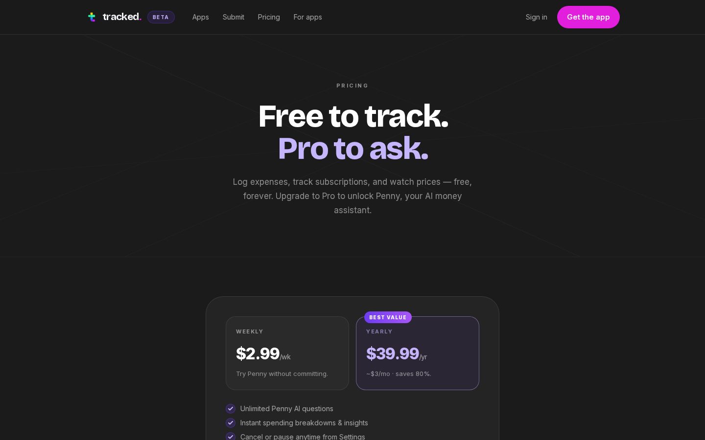 tracked. Pricing