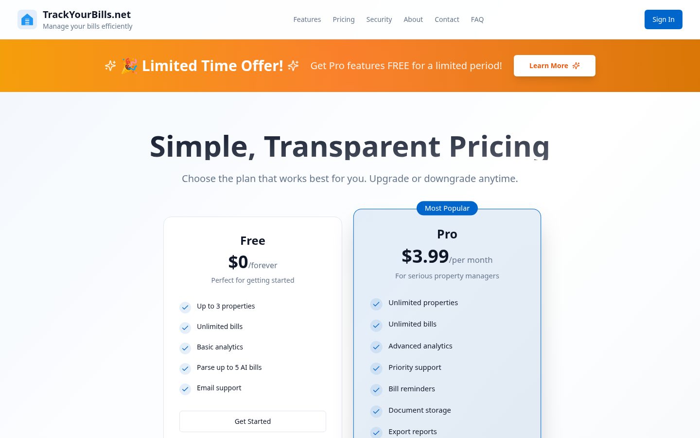 TrackYourBills Pricing