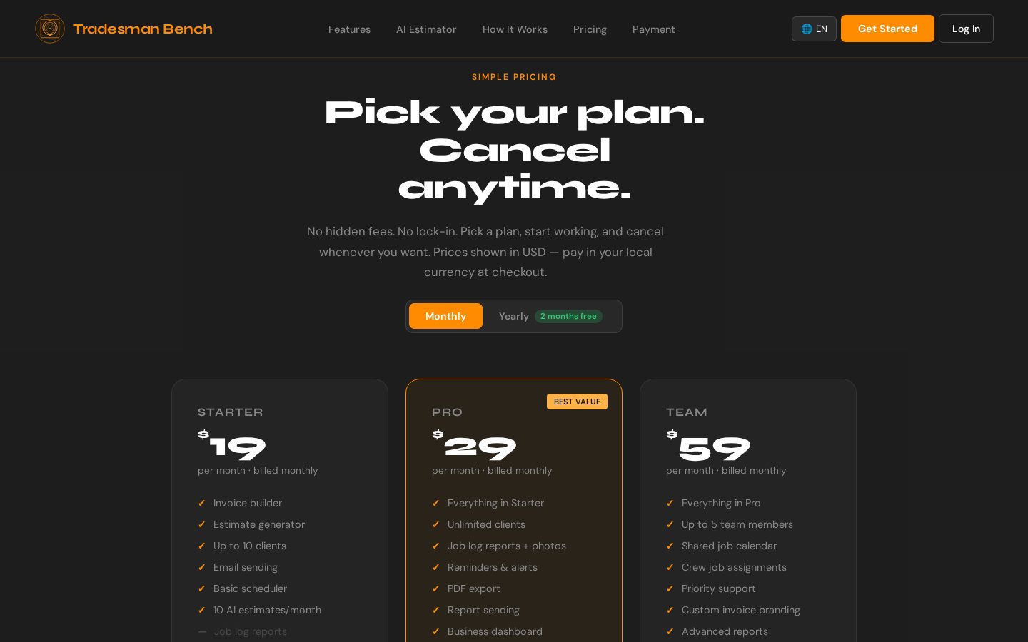Tradesman Bench Pricing