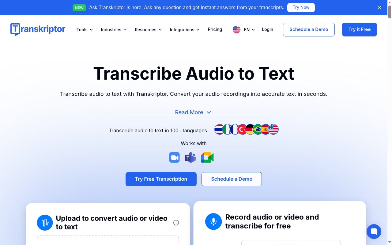 Transcribe Audio to Text homepage