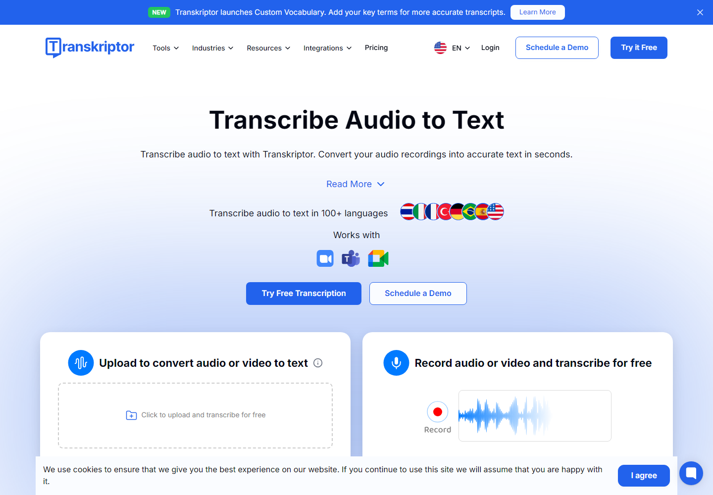 Transcribe Audio to Text homepage
