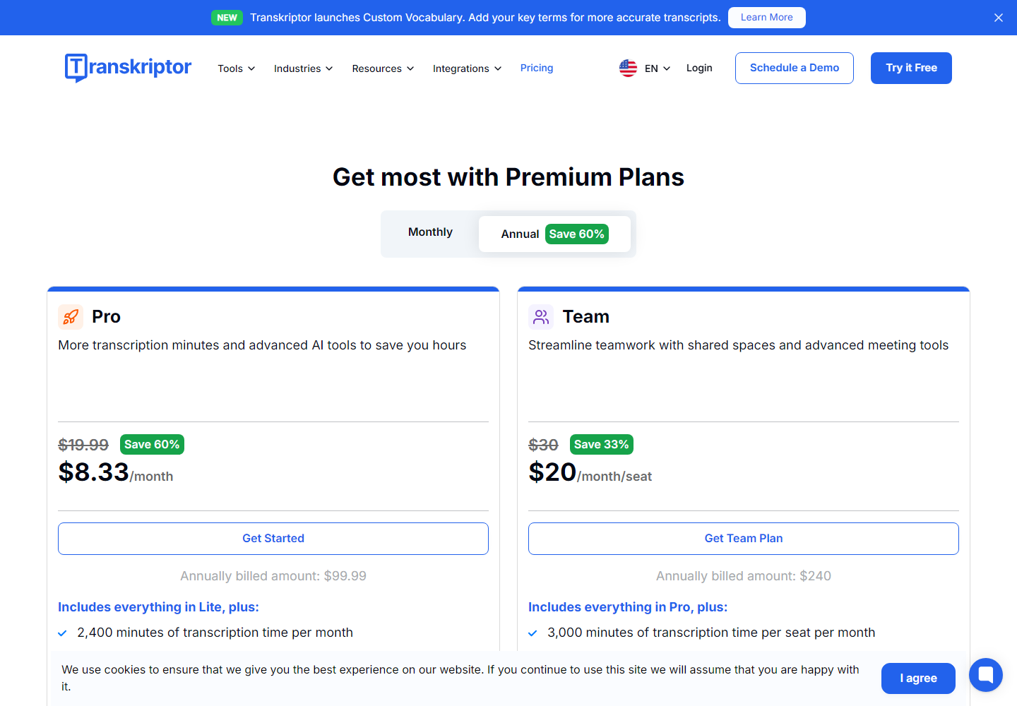 Transcribe Audio to Text pricing