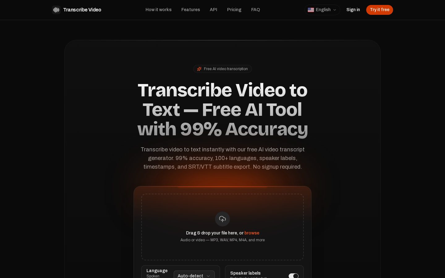 Transcribe Video to Text Homepage