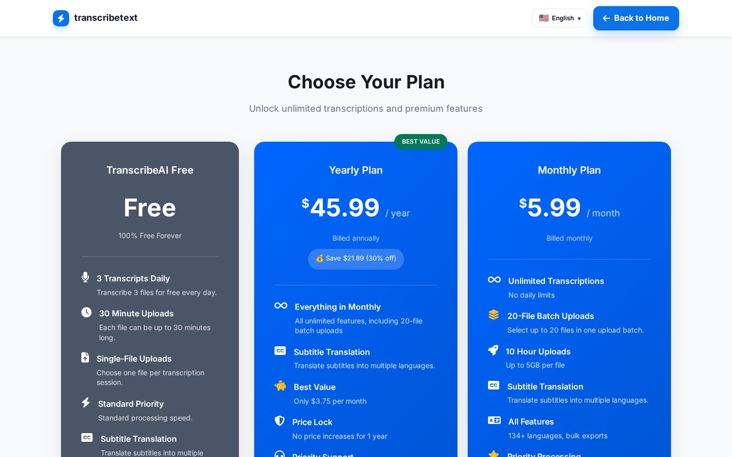 TranscribeText Pricing