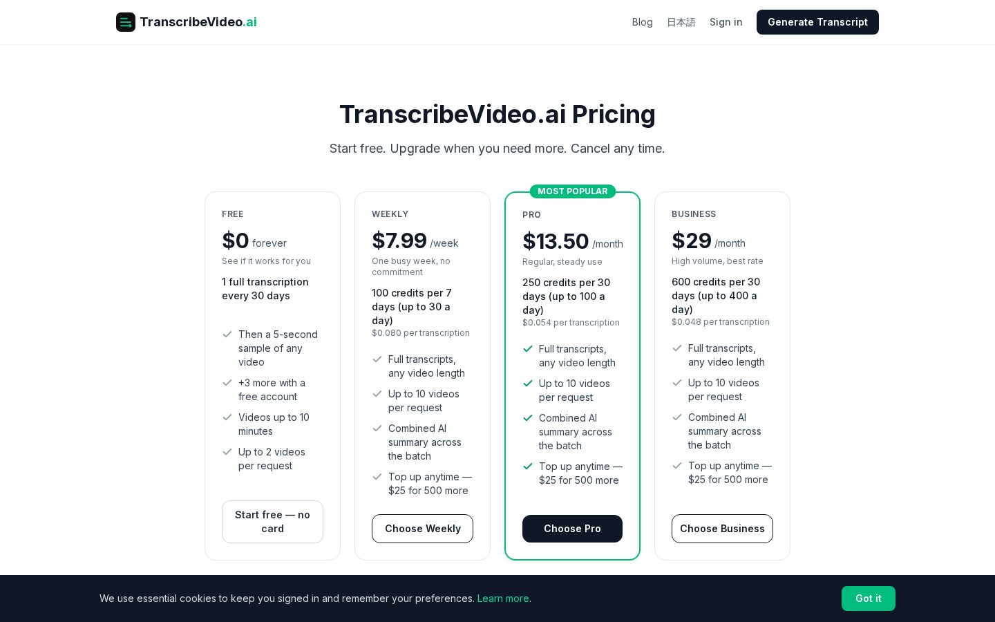 TranscribeVideo.ai Pricing