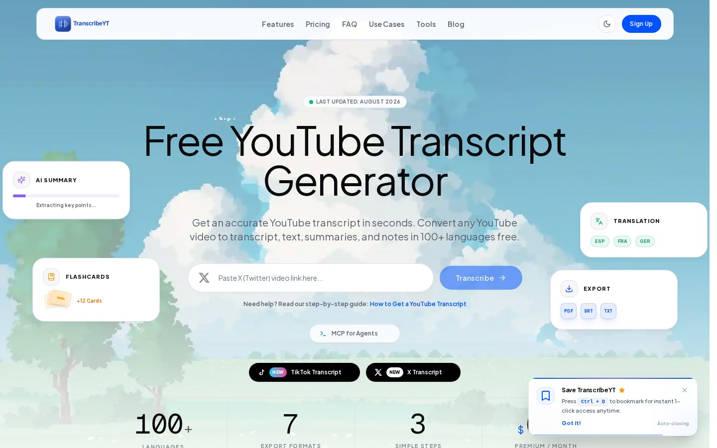 TranscribeYT Homepage