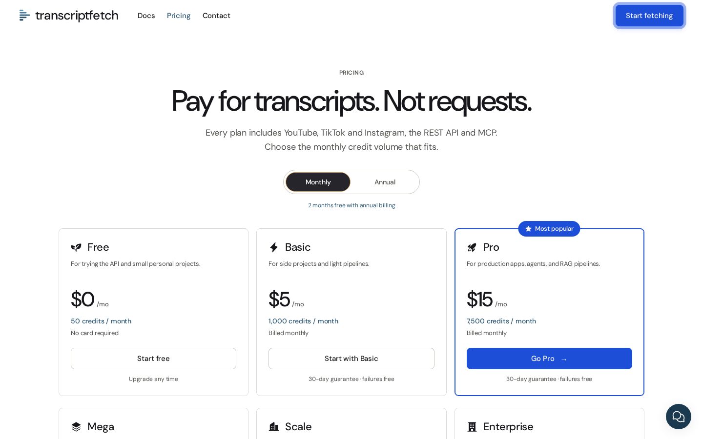 TranscriptFetch Pricing
