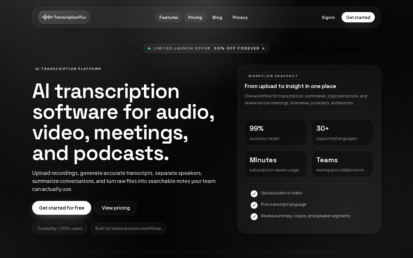 TranscriptionPlus Homepage