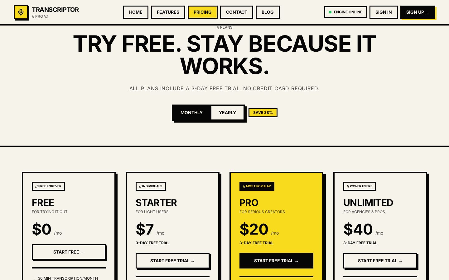 transcriptor pro Pricing