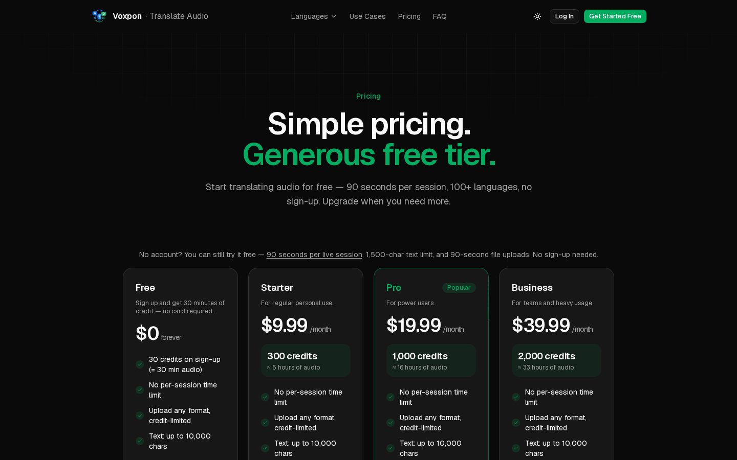 Translate Audio Pricing