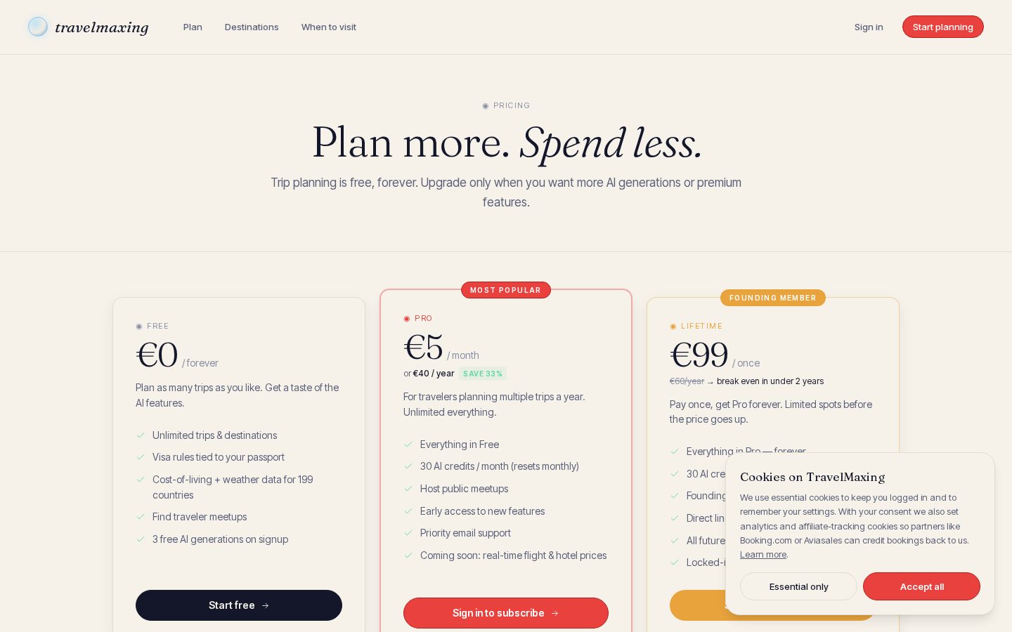 TravelMaxing Pricing
