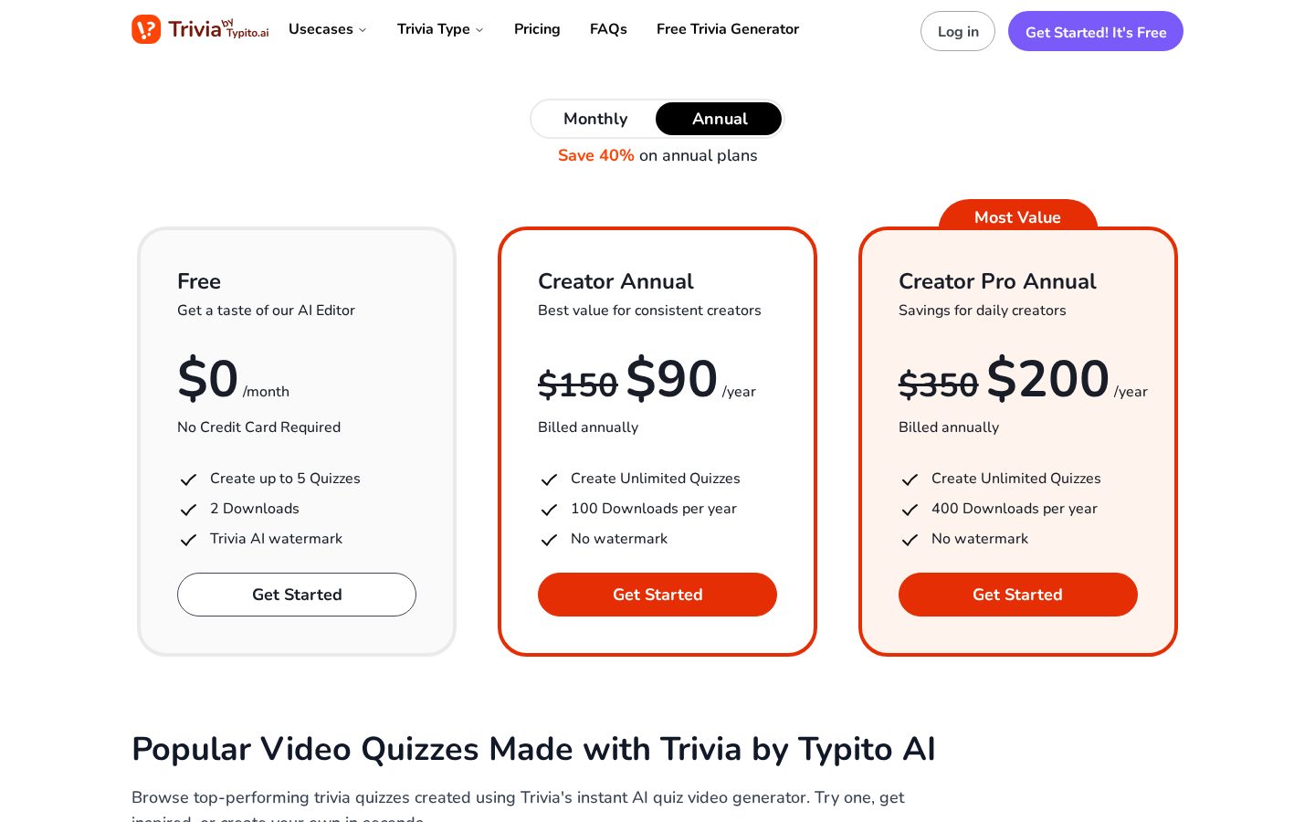 Trivia by Typito AI Pricing