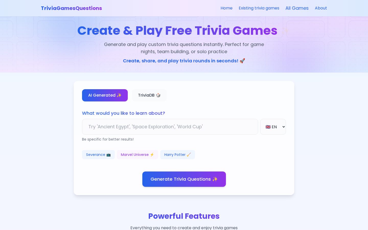TriviaGamesQuestions Homepage