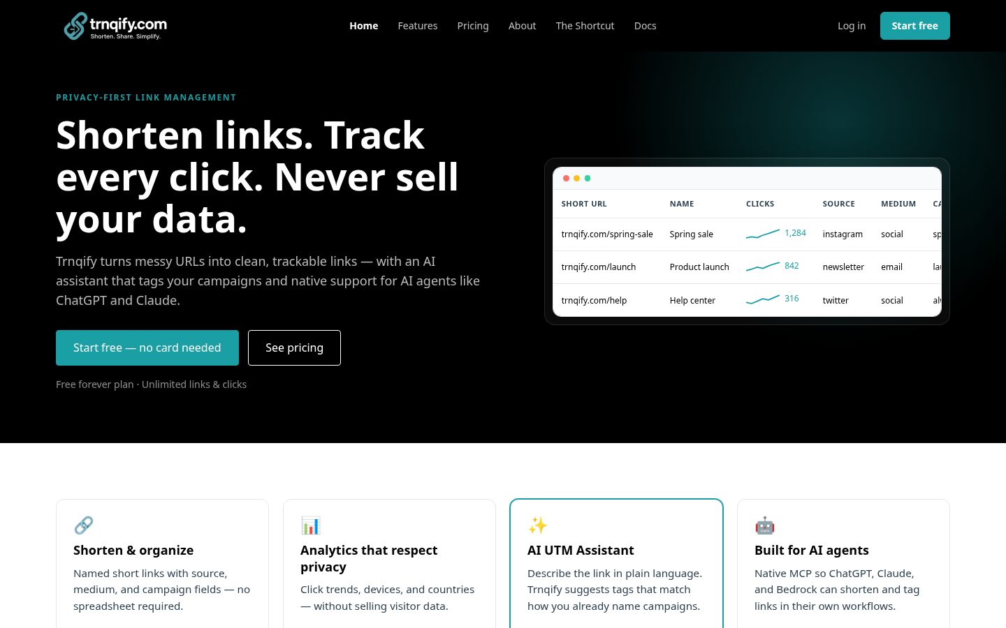 Trnqify – Fast, Private URL Shortener Homepage