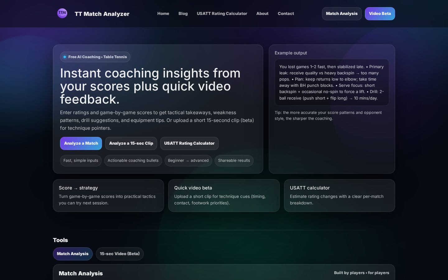 TT Match Analyzer Homepage