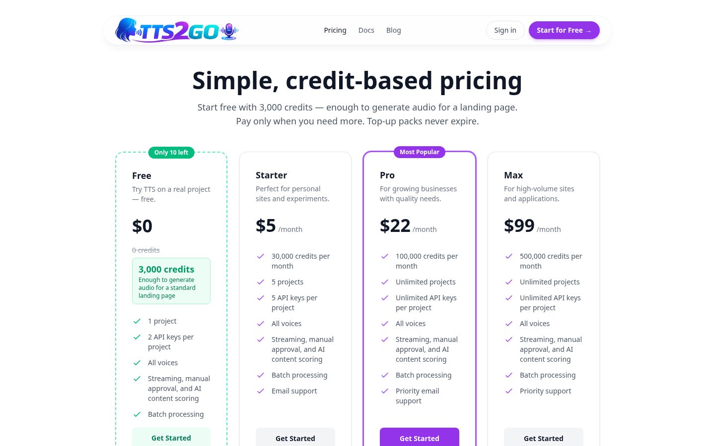TTS2Go Pricing