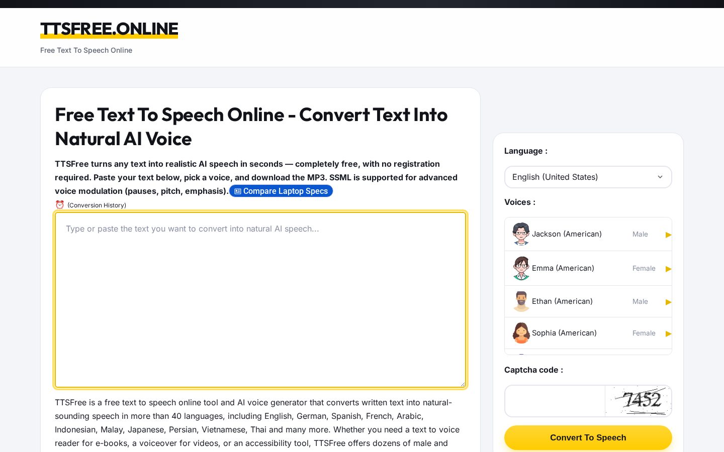 TTSFree Online Homepage