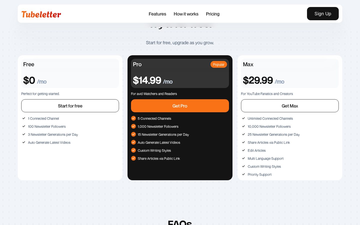 Tubeletter Pricing