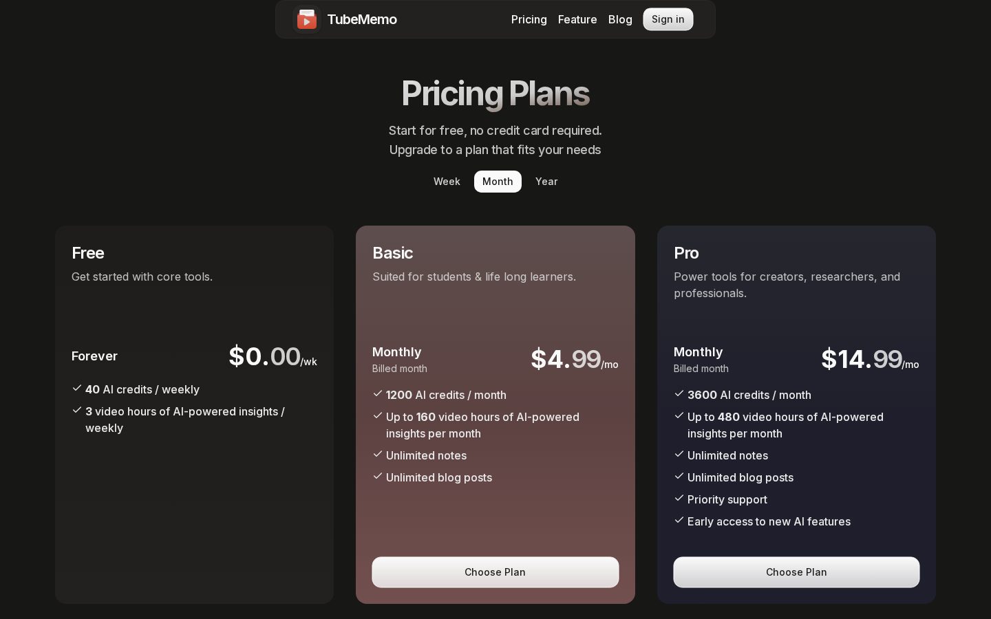 TubeMemo Pricing