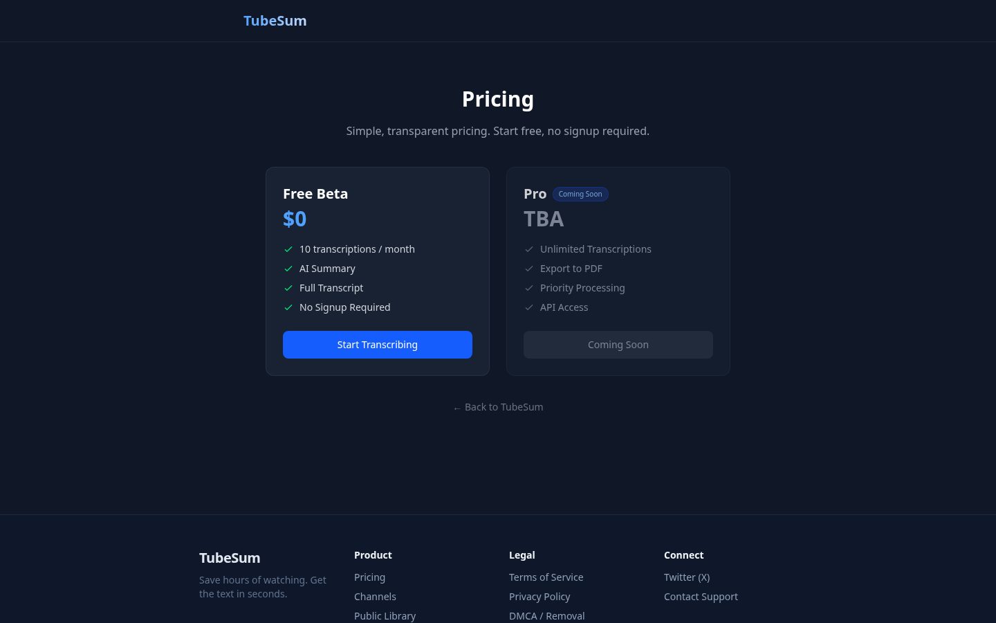 TubeSum Pricing