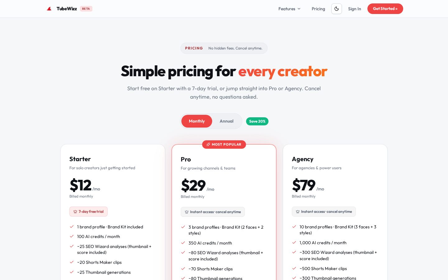TubeWizz Pricing