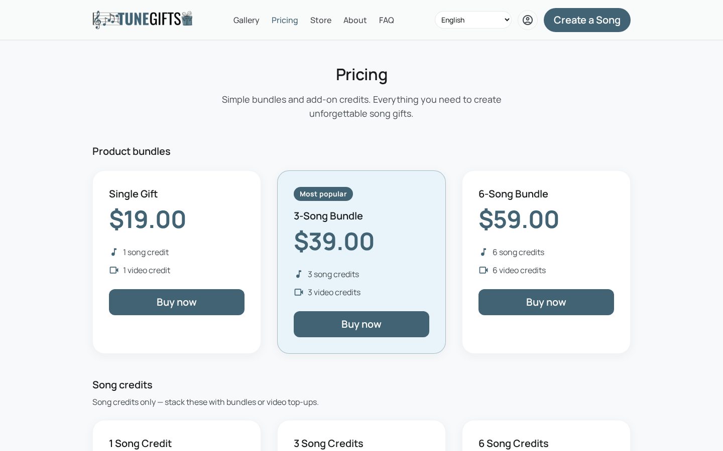 Tune Gifts Pricing