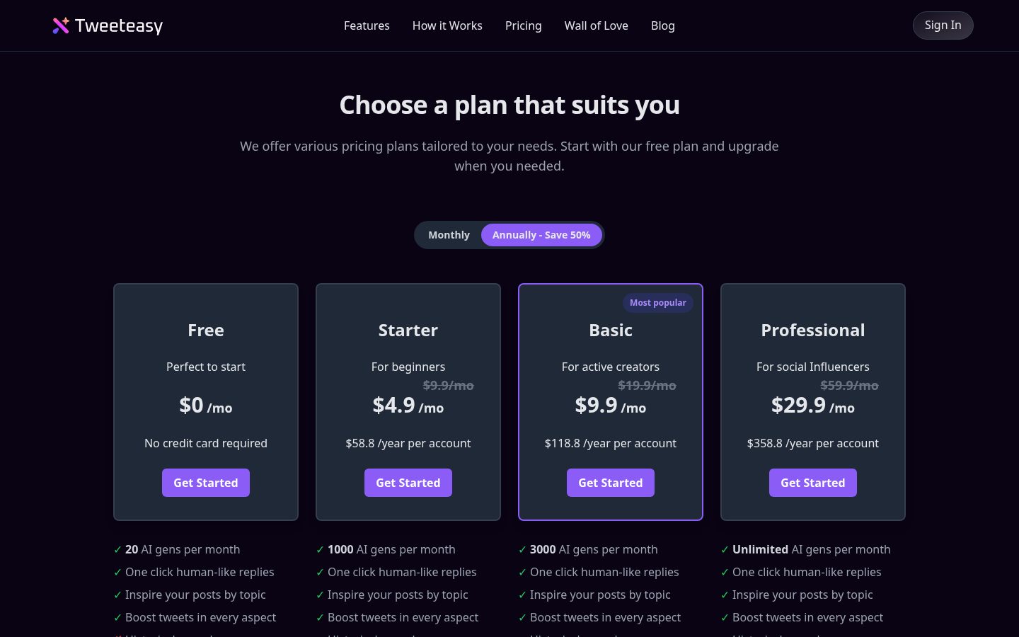 Tweeteasy Pricing