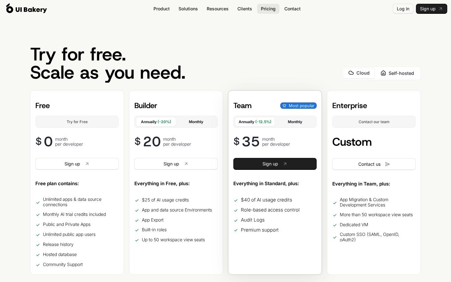 UI Bakery App Agent Pricing