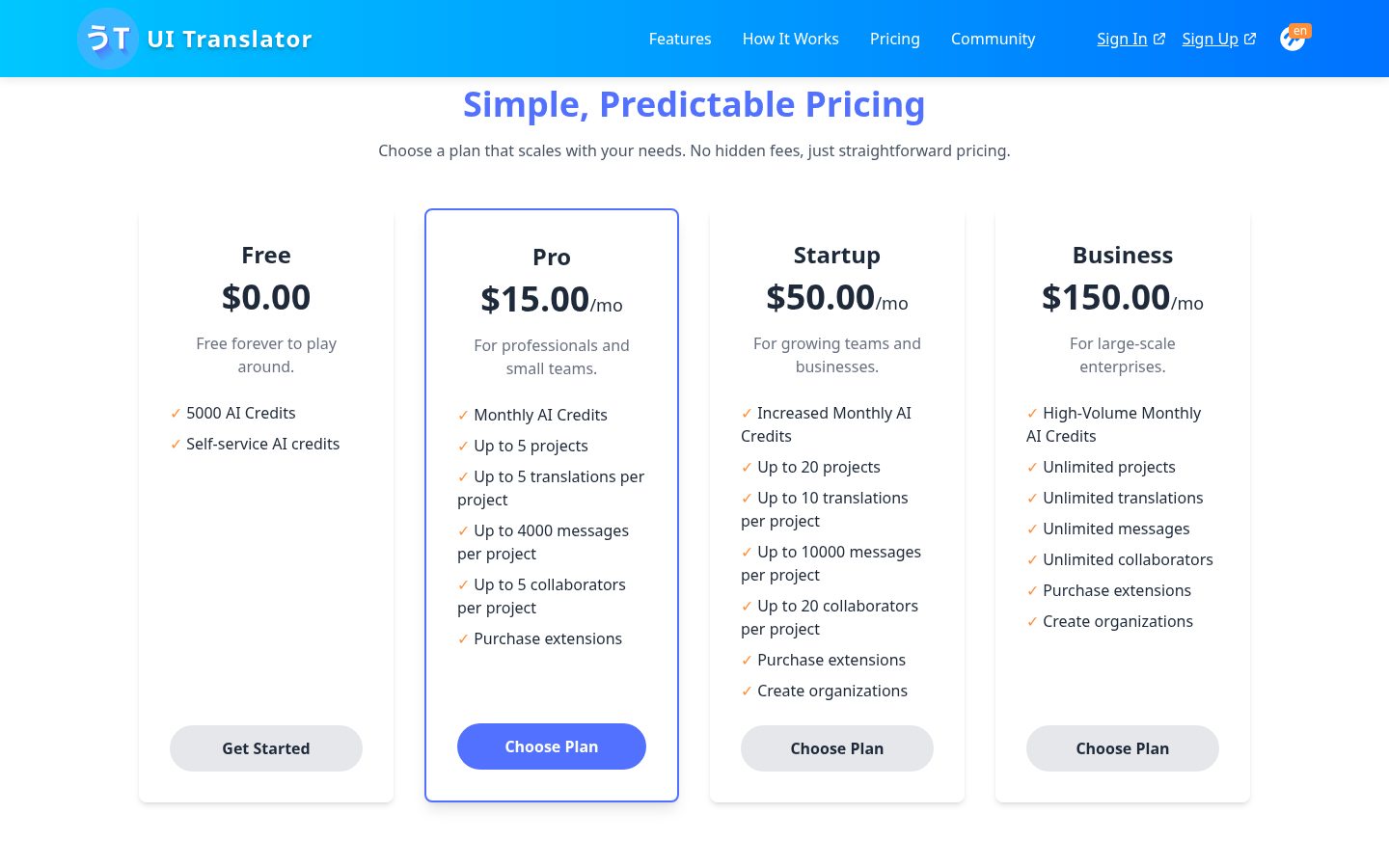UI Translator Pricing