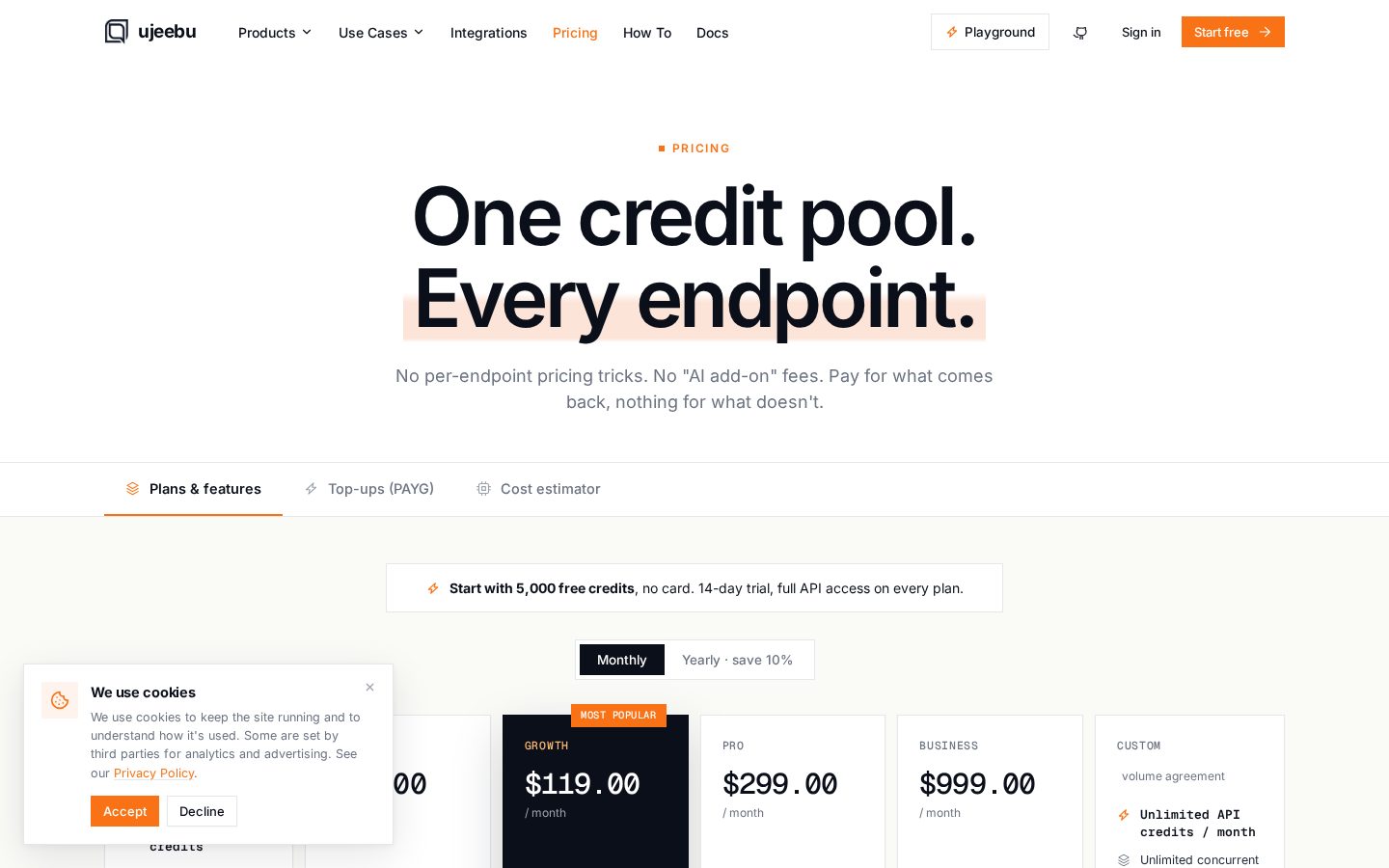 Ujeebu scraping platform Pricing