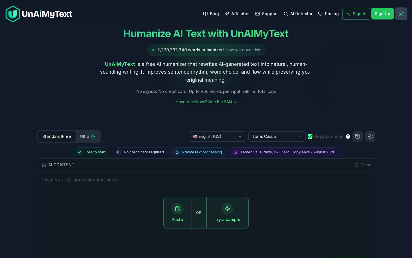UnAIMyText Homepage