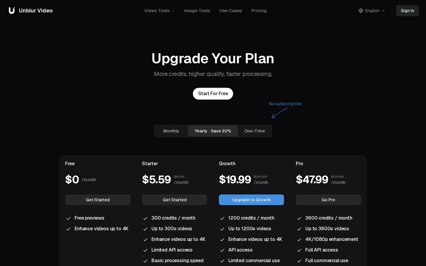 Unblur Video Pricing