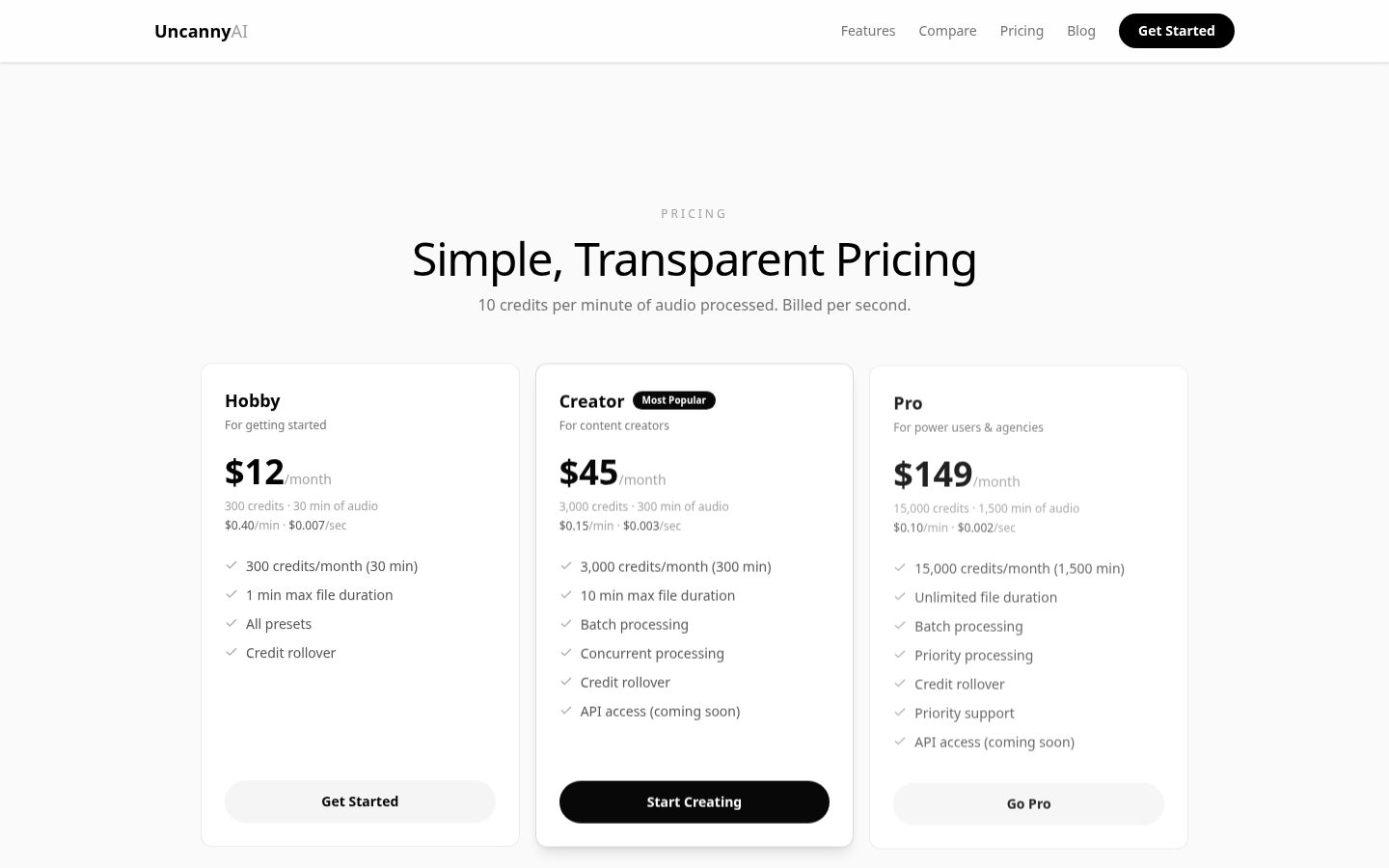 Uncanny AI Pricing