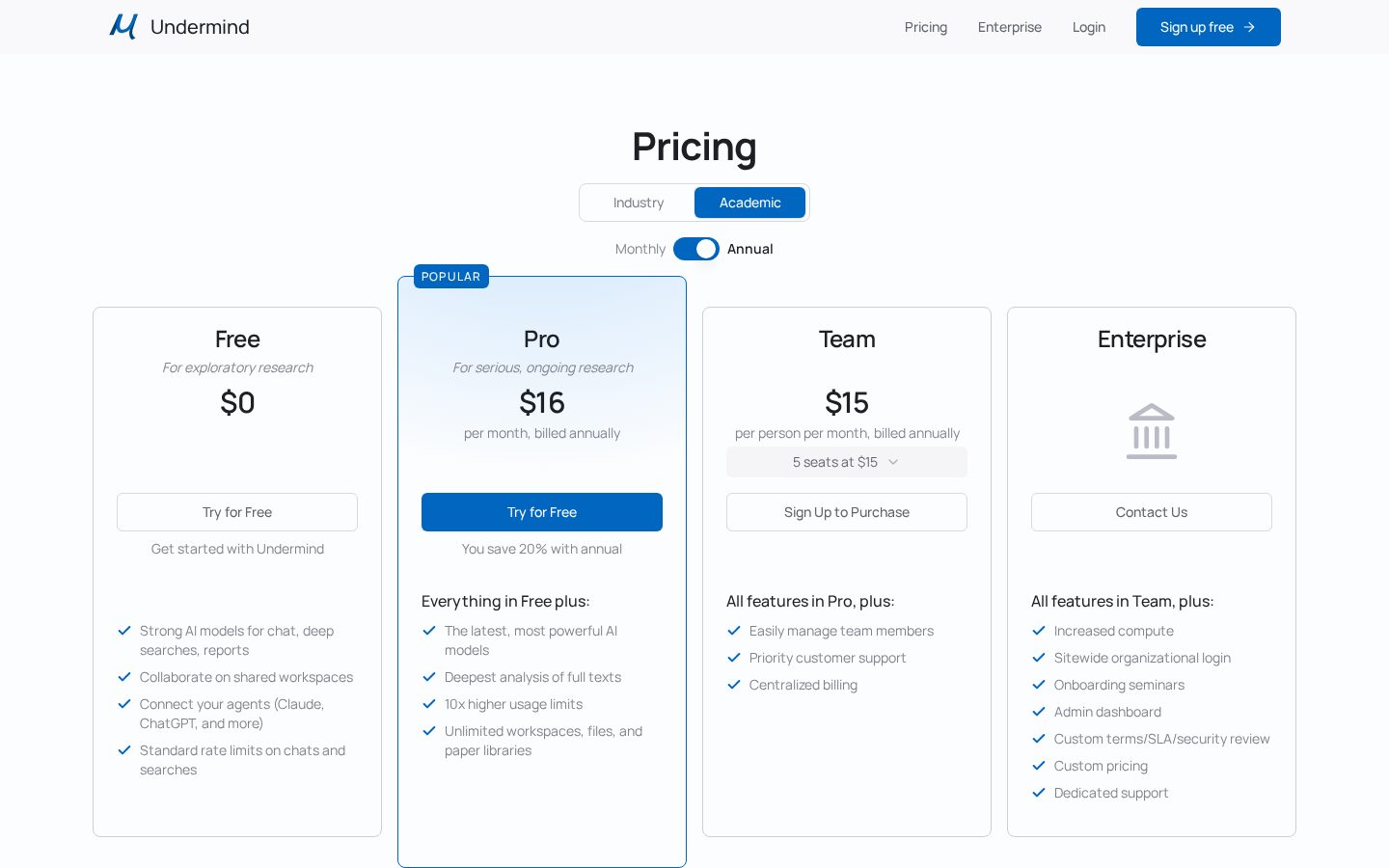 Undermind Pricing