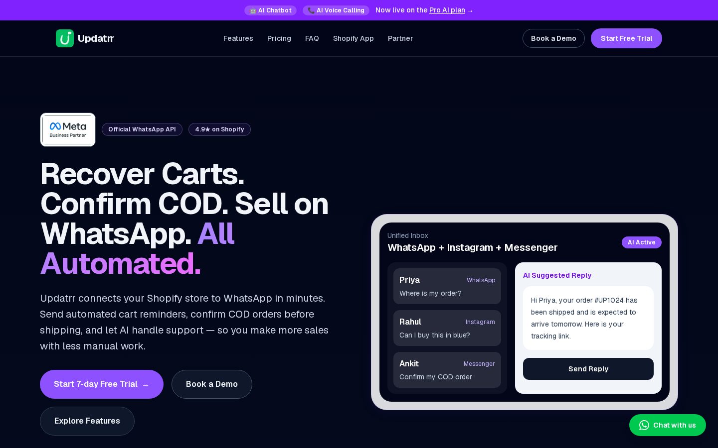 Updatrr Shopify WhatsApp Automation Homepage