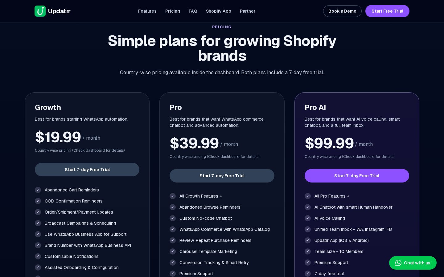 Updatrr Shopify WhatsApp Automation Pricing