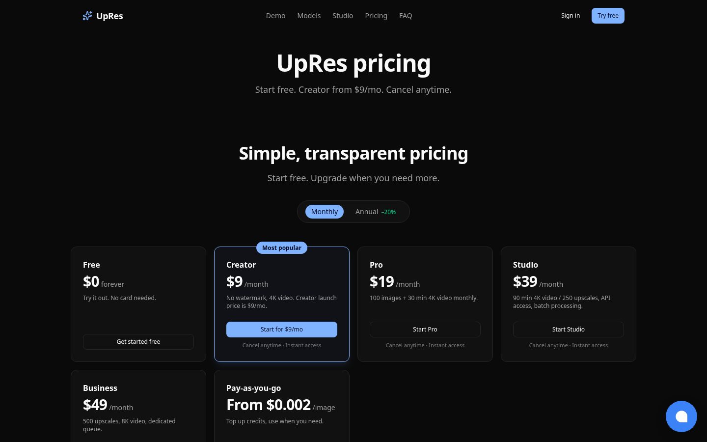 UpRes Pricing