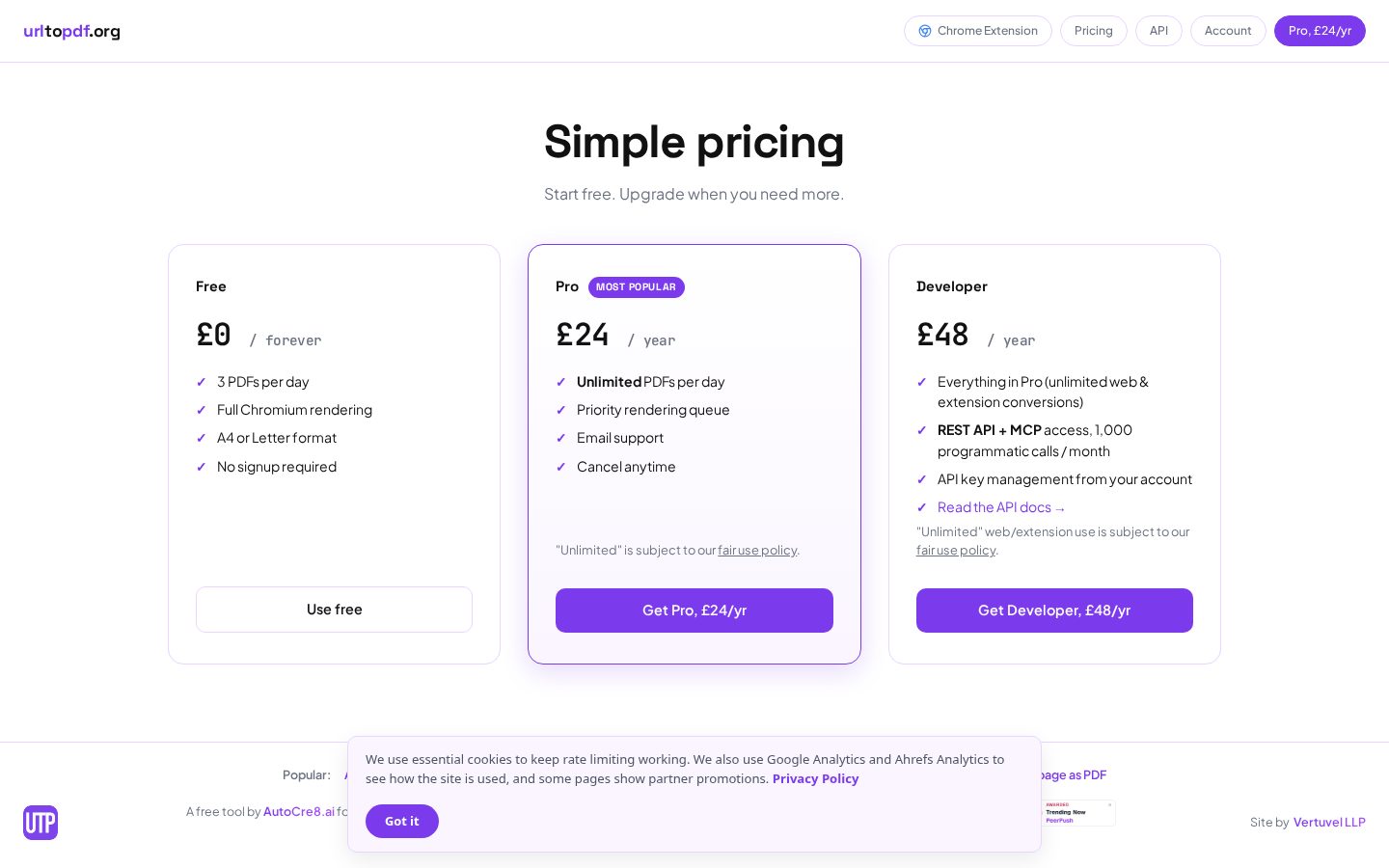 UrlToPdf.org Pricing