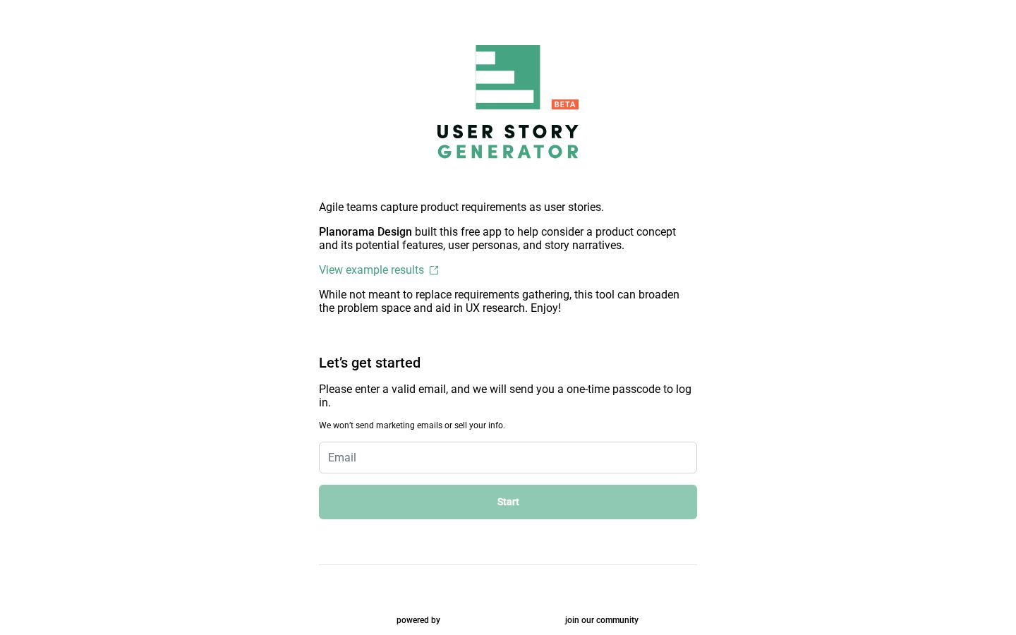User Story Generator Homepage