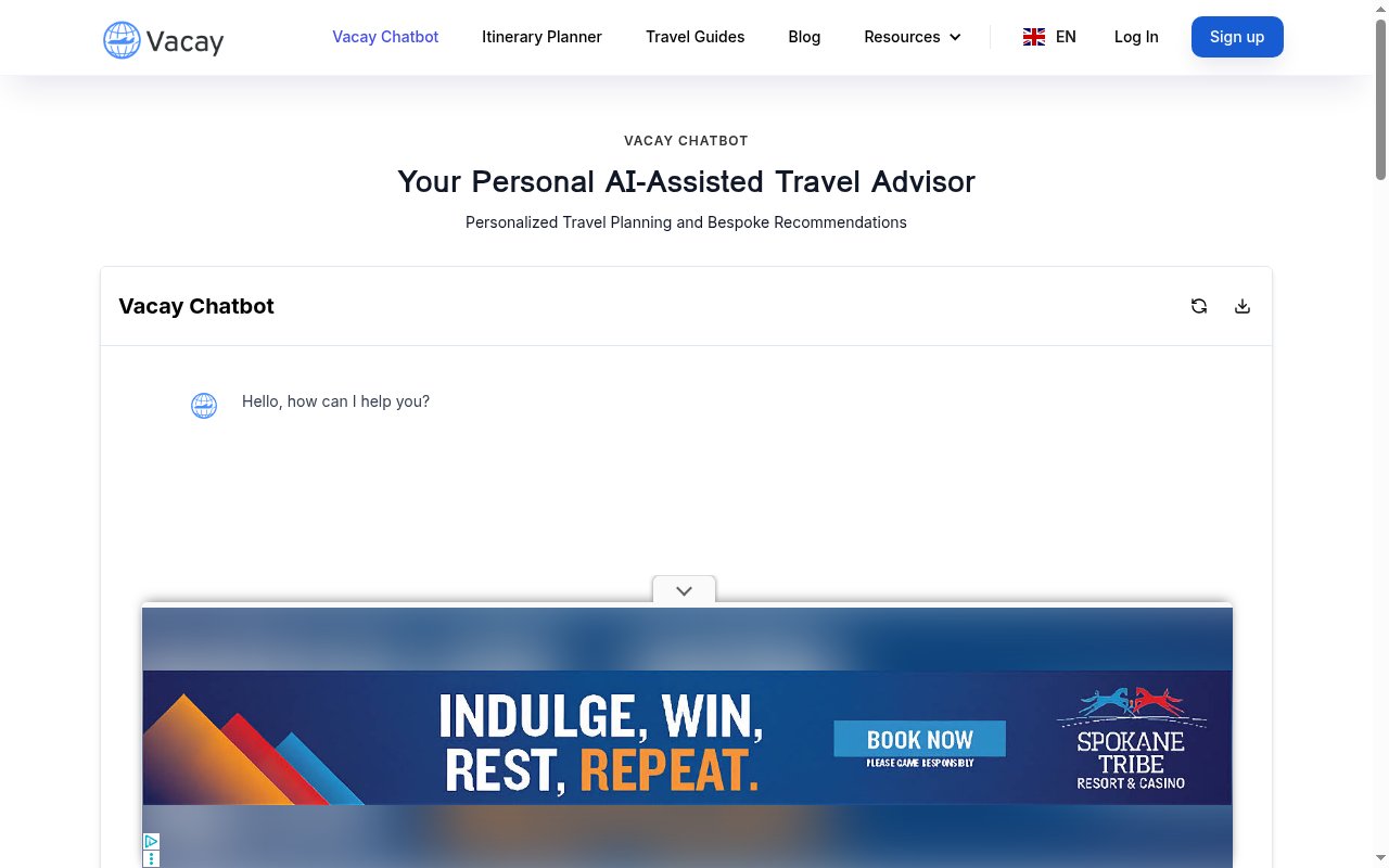 Vacay Chatbot homepage
