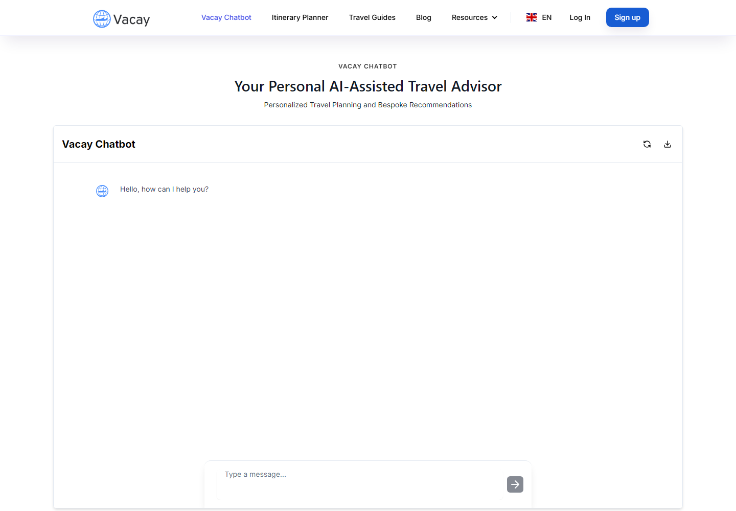 Vacay Chatbot homepage