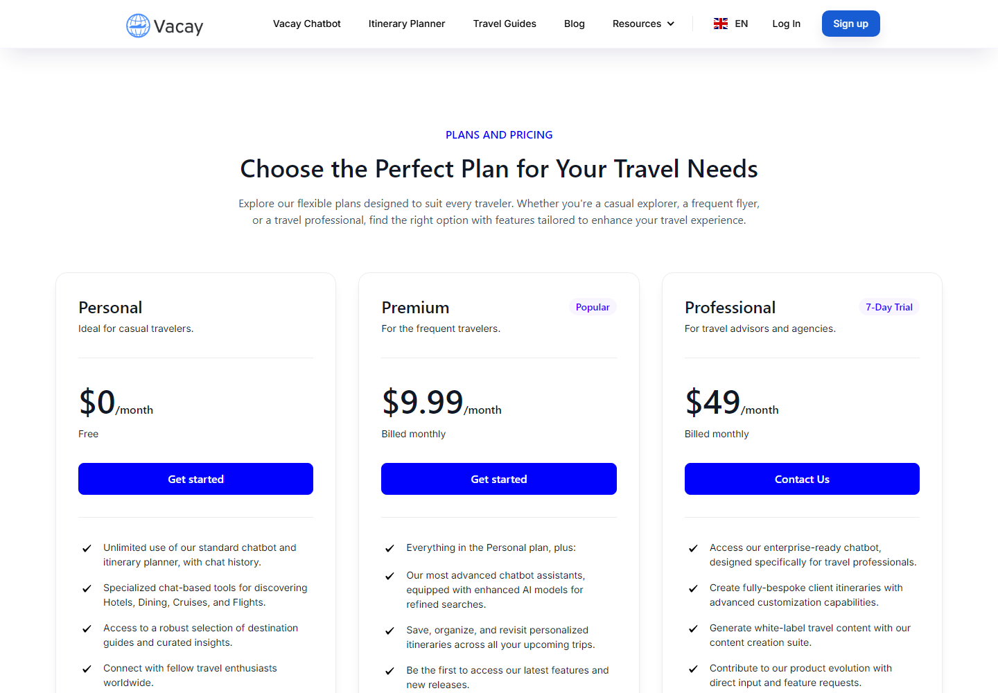 Vacay Chatbot pricing