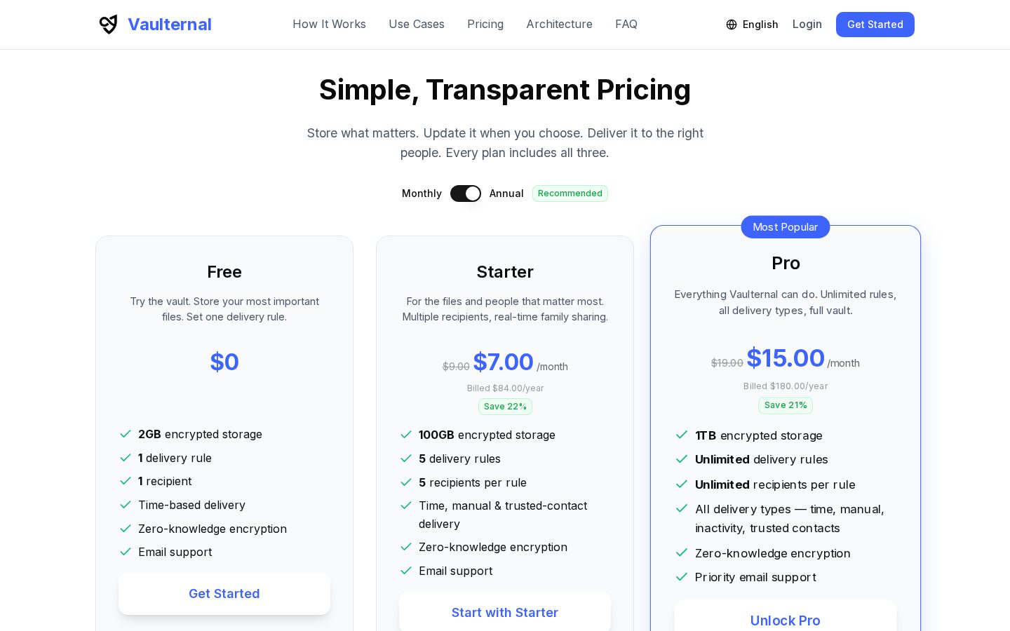 Vaulternal Pricing