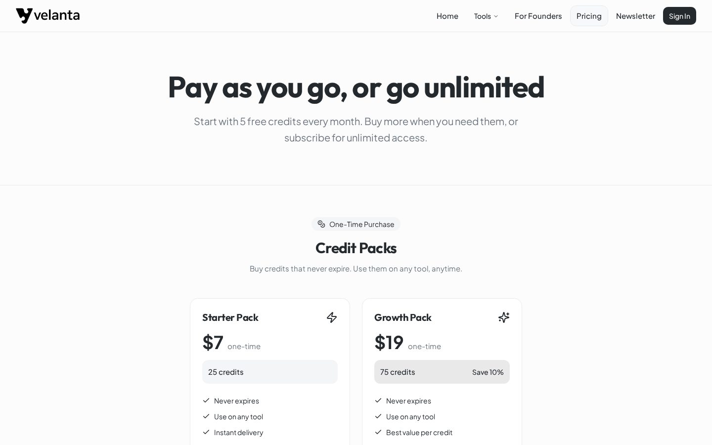 Velanta Pricing
