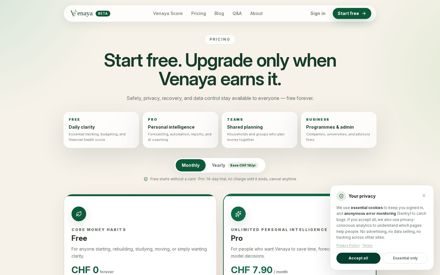 Venaya Pricing