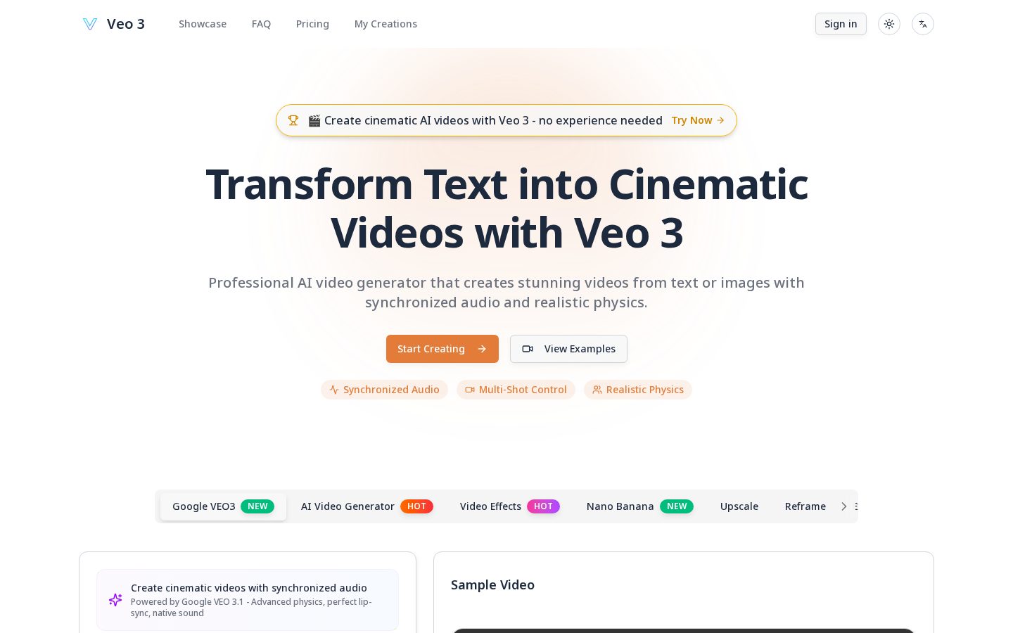 Veo 3.1- Cinematic AI Video Generator with Realistic Physics Homepage