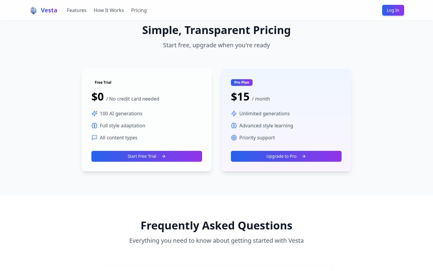 Vesta Pricing