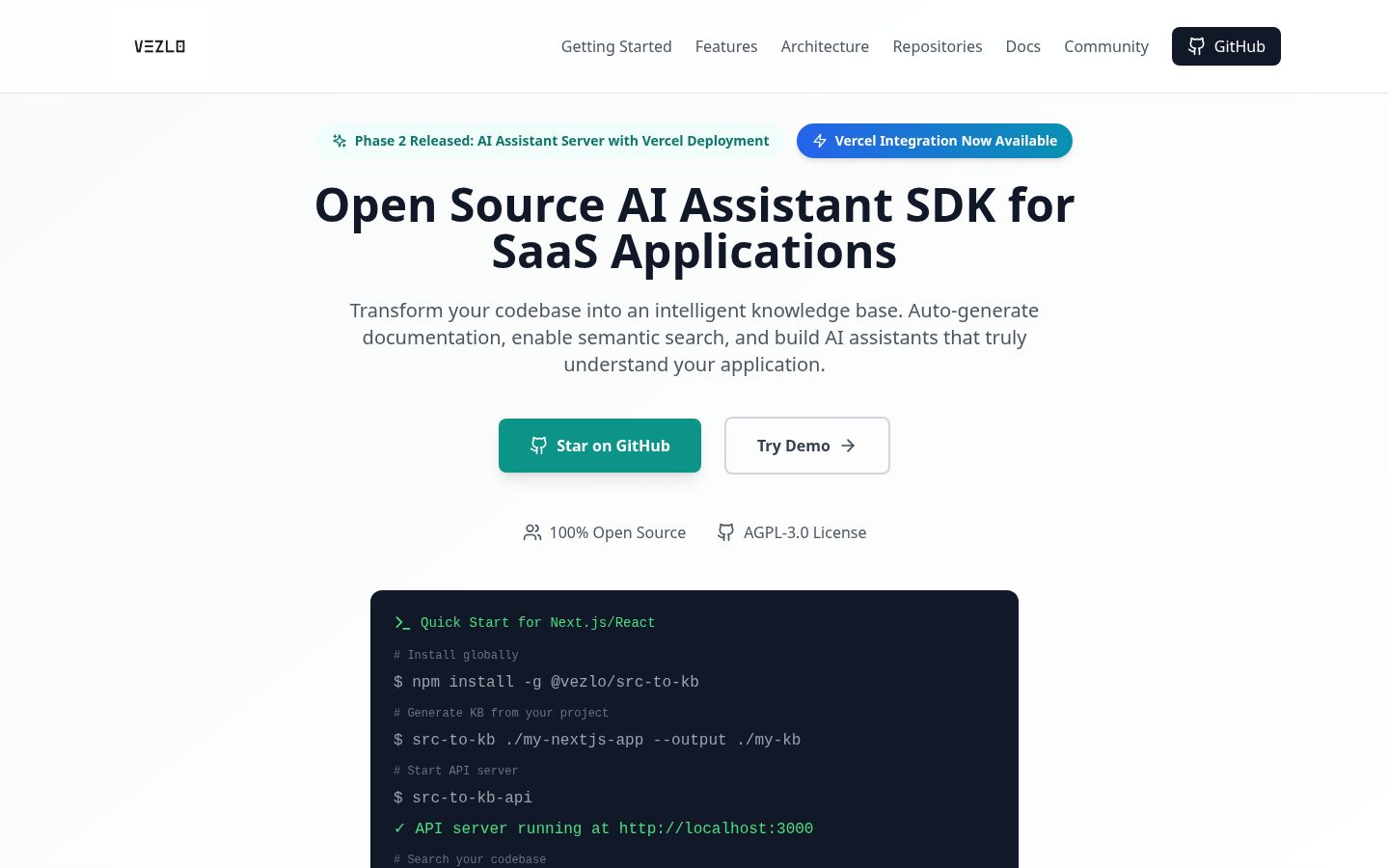 Vezlo AI SDK Homepage