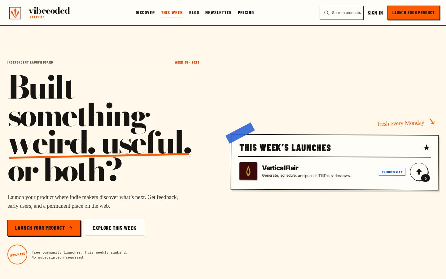 vibecoded.startup Homepage