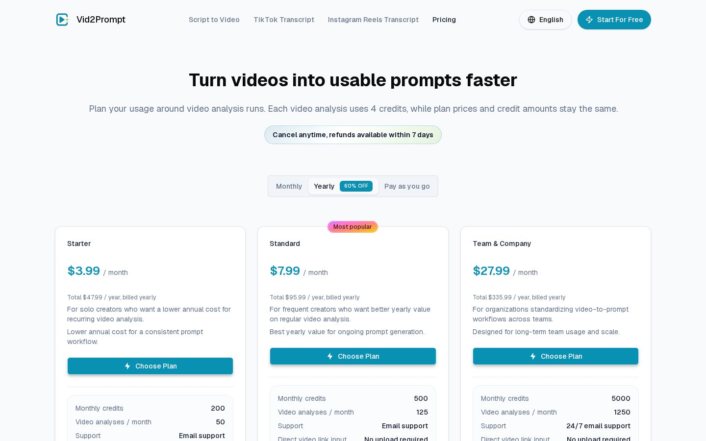 Vid2Prompt Pricing